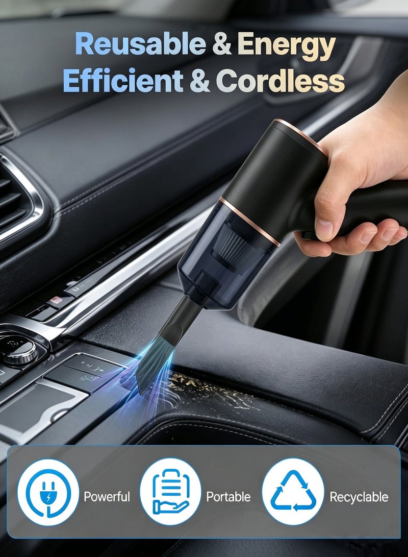 BASILKIT Portable Hand Car Vacuum Cleaner Set Rechargeable,16000Pa Brushless Motor, 3.6Ah Li‑Ion Battery for Ultra‑Long Runtime, 120W Powerful,Mini Vacuum with Pivoting Nozzle, Compact Design, Ideal for Home & Car, Easy Storage, Air Duster Type-C, Cleaning Kit for Pet Hair, Car, Desk, Home(Black Gold) - Image 5