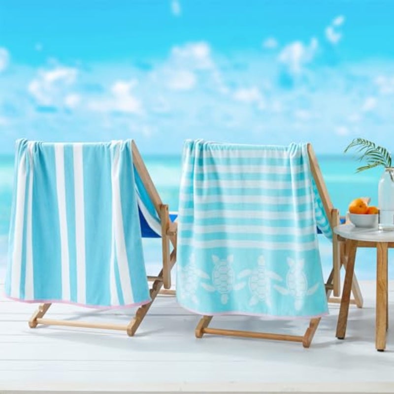 100% Cotton Beach Towels 2 Pack of 30 x 60" Blue Pool Towels for Adults and Absorbent and Quick Dry Towels Seafoam Turtle and Stripes - Image 1