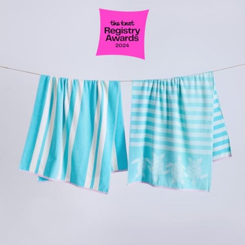 100% Cotton Beach Towels 2 Pack of 30 x 60" Blue Pool Towels for Adults and Absorbent and Quick Dry Towels Seafoam Turtle and Stripes - Image 2