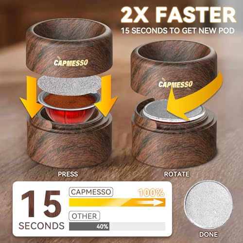 CAPMESSO Reusable Vertuo Pod Refill Kit for Nespresso: Reusable Vertuo Capsule for Nespresso/Coffee Pods Vertuoline with 100 Aluminum Foil Lids for Any Size of Vertuo Plus Espresso Pod- Wood Grain Holder - Image 2