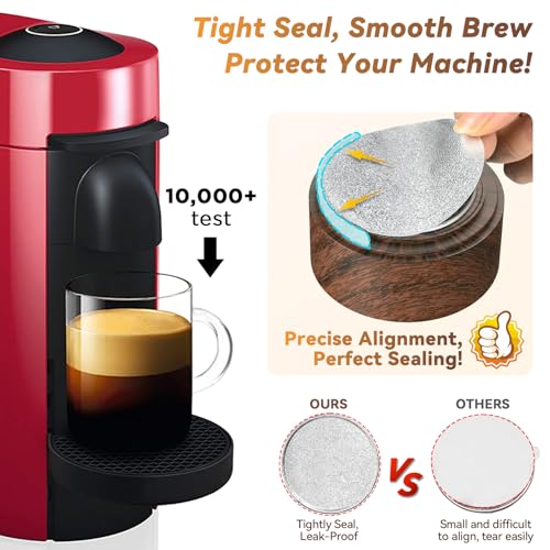 CAPMESSO Reusable Vertuo Pod Refill Kit for Nespresso: Reusable Vertuo Capsule for Nespresso/Coffee Pods Vertuoline with 100 Aluminum Foil Lids for Any Size of Vertuo Plus Espresso Pod- Wood Grain Holder - Image 3