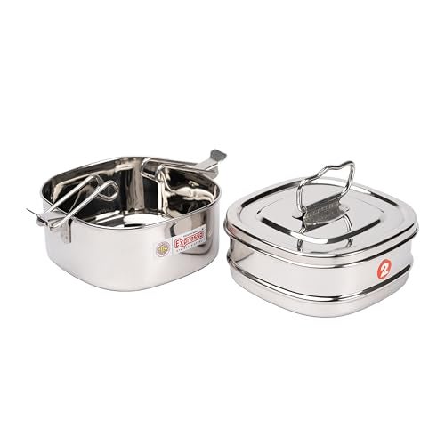 Expresso - Square Shape Stainless Steel Food Grade Lunch Box | Traditional Tiffin Carrier/Container for School/Office, Dia 13cm | 2 Tier - Image 4