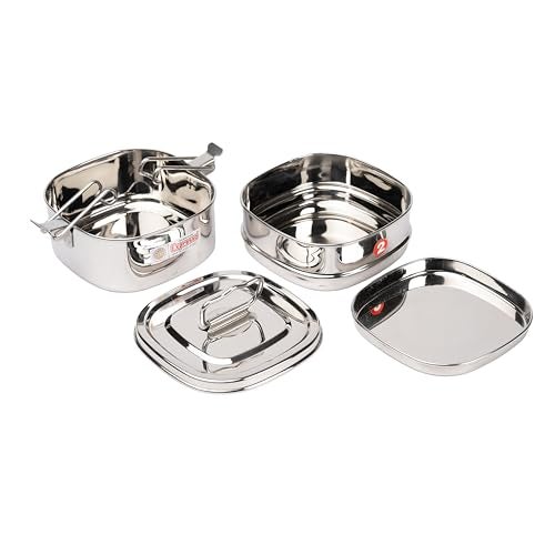 Expresso - Square Shape Stainless Steel Food Grade Lunch Box | Traditional Tiffin Carrier/Container for School/Office, Dia 13cm | 2 Tier - Image 5