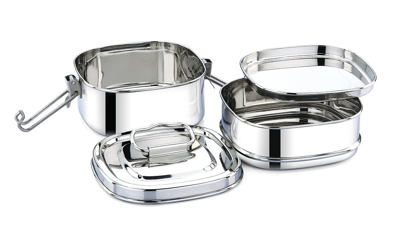 Expresso - Square Shape Stainless Steel Food Grade Lunch Box | Traditional Tiffin Carrier/Container for School/Office, Dia 13cm | 2 Tier - Image 2