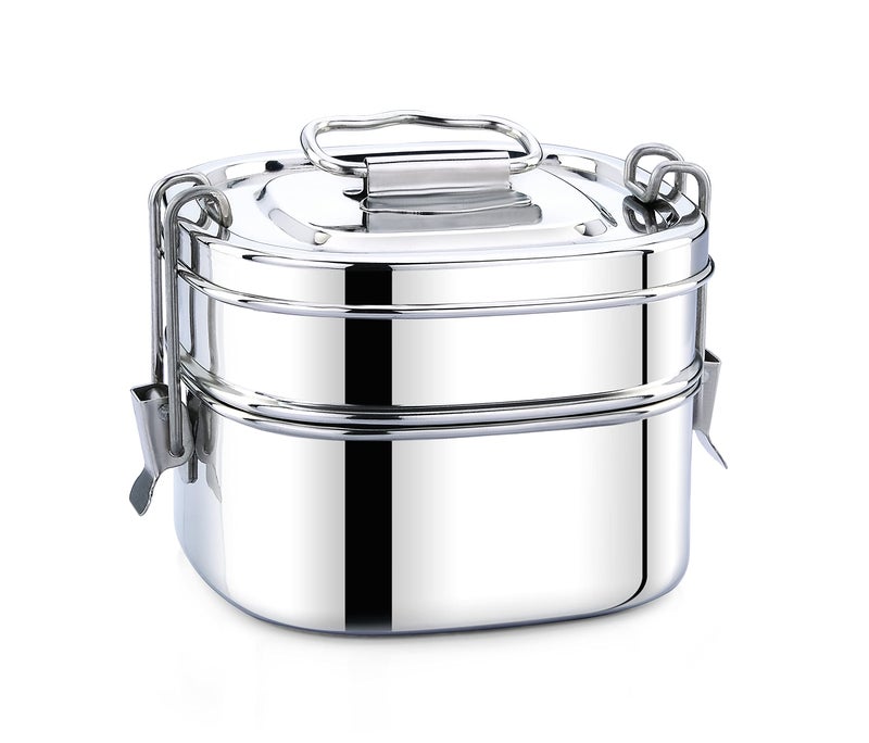 Expresso - Square Shape Stainless Steel Food Grade Lunch Box | Traditional Tiffin Carrier/Container for School/Office, Dia 13cm | 2 Tier - Image 1