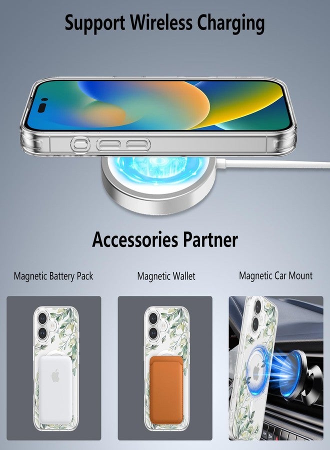 RALEAVO جراب RALEAVO لهاتف iPhone 16، [متوافق مع Magsafe] جراب حماية مغناطيسي مقاوم للصدمات بنقشة زهور، جراب سيليكون شفاف مضاد للاصفرار لهاتف iPhone 16 - أخضر - Image 3