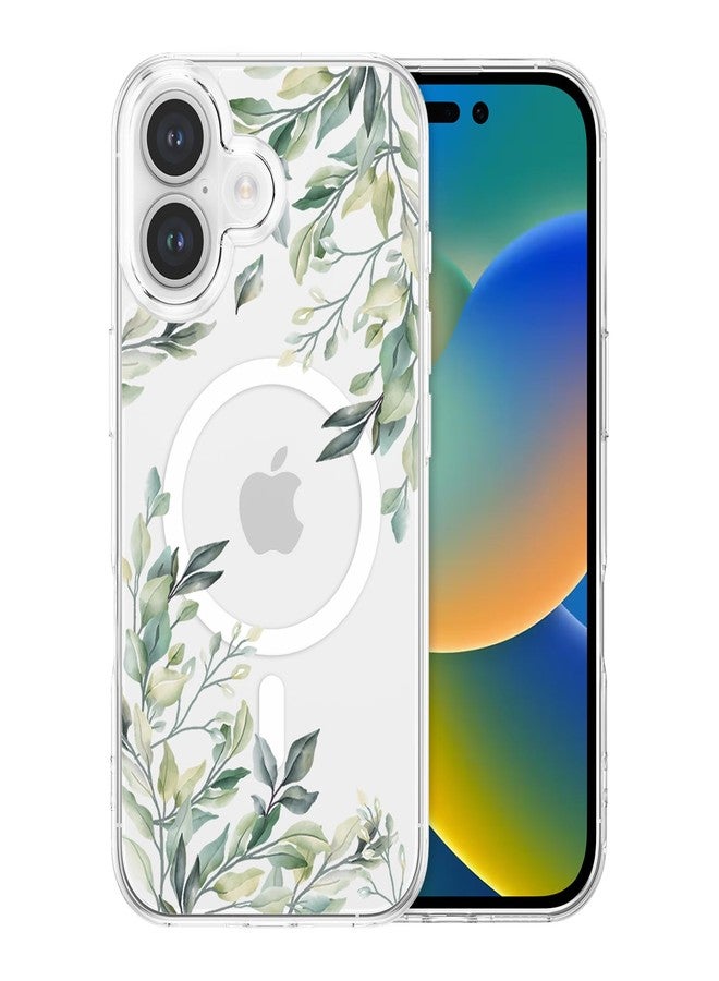 RALEAVO جراب RALEAVO لهاتف iPhone 16، [متوافق مع Magsafe] جراب حماية مغناطيسي مقاوم للصدمات بنقشة زهور، جراب سيليكون شفاف مضاد للاصفرار لهاتف iPhone 16 - أخضر - Image 1