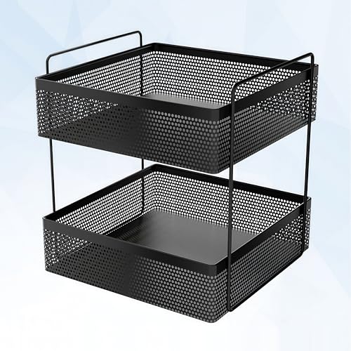 KWER 2-Tier Metal Square Kitchen Rack Stand Organiser | Countertop Organizer Kitchen Bathroom Standing Rack | Spice, Oil, Masala, Cosmetic & Bathroom Vanity Storage Rack Shelf | Dark Black - Image 2