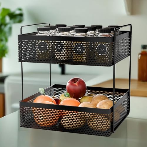 KWER 2-Tier Metal Square Kitchen Rack Stand Organiser | Countertop Organizer Kitchen Bathroom Standing Rack | Spice, Oil, Masala, Cosmetic & Bathroom Vanity Storage Rack Shelf | Dark Black - Image 3