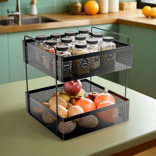 KWER 2-Tier Metal Square Kitchen Rack Stand Organiser | Countertop Organizer Kitchen Bathroom Standing Rack | Spice, Oil, Masala, Cosmetic & Bathroom Vanity Storage Rack Shelf | Dark Black - Image 1