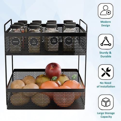 KWER 2-Tier Metal Square Kitchen Rack Stand Organiser | Countertop Organizer Kitchen Bathroom Standing Rack | Spice, Oil, Masala, Cosmetic & Bathroom Vanity Storage Rack Shelf | Dark Black - Image 4