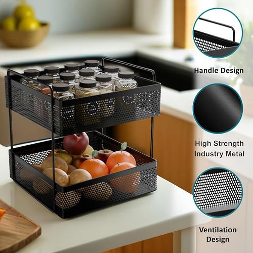 KWER 2-Tier Metal Square Kitchen Rack Stand Organiser | Countertop Organizer Kitchen Bathroom Standing Rack | Spice, Oil, Masala, Cosmetic & Bathroom Vanity Storage Rack Shelf | Dark Black - Image 5