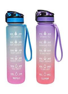 Gemful Water Bottle With Time Marking 1 Litre With Both Removable Straw And Fruit Infuser Filter Tritan Bpa Free 2 Pack(Blue/Purple)