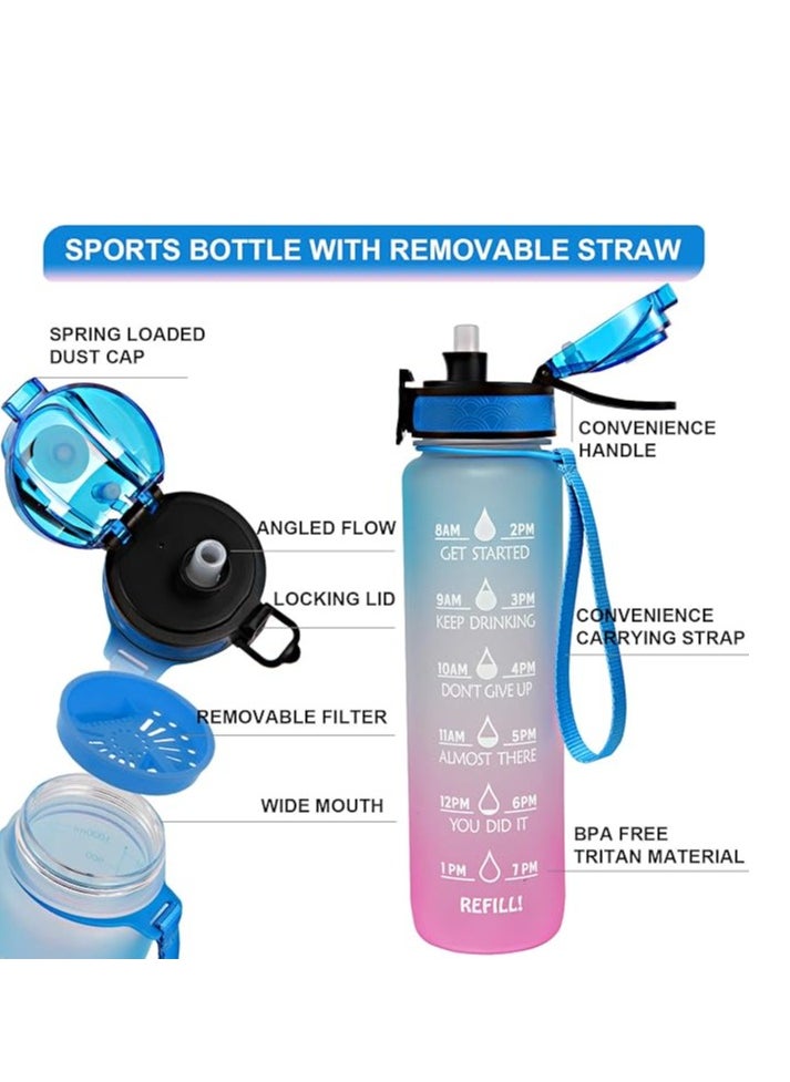 Generic - Gemful Water Bottle With Time Marking 1 Litre With Both Removable Straw And Fruit Infuser Filter Tritan Bpa Free 2 Pack(Blue/Purple) - Image 1