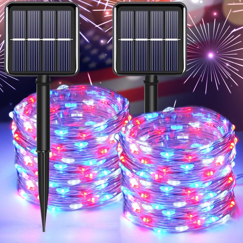 YAOZHOU 4th of July Patriotic DecorationsRed White Blue Solar Fairy String Lights Outdoor Waterproof 2Pack Total 200LED 66FtIP67 8 Modes Outside Memorial Day for GardenPatio Yard