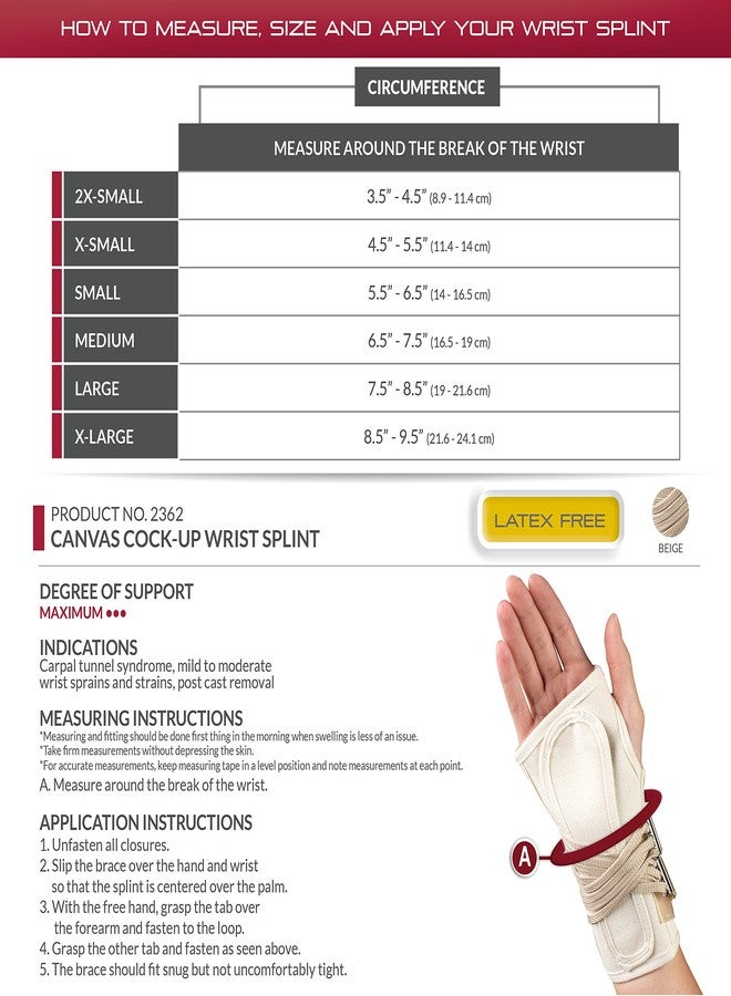 OTC Wrist Splint, Prop-Up Lacing for Carpal Tunnel Relief, Canvas, White, Right Hand, Medium - Image 4