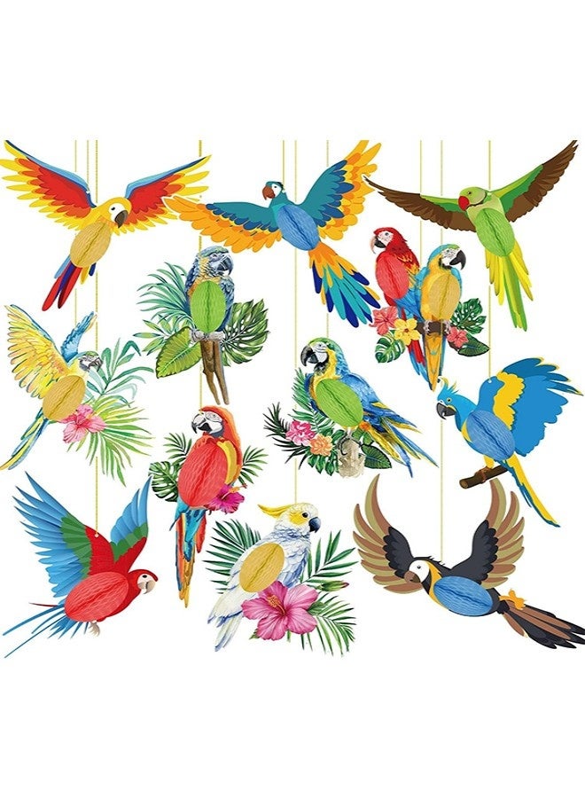 GIFT 12 Pcs 2d Wooden Tropical Parrot Hanging Ornaments, Hawaiian Summer Bird Pendants For Beach & Festival Party Decor - Image 1