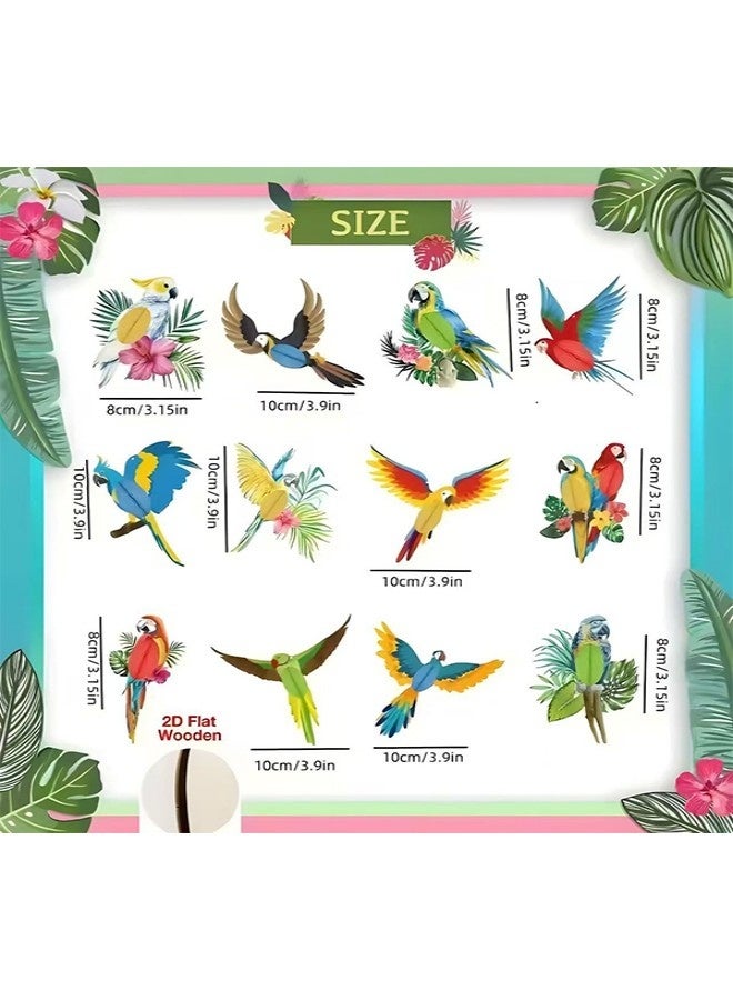 GIFT 12 Pcs 2d Wooden Tropical Parrot Hanging Ornaments, Hawaiian Summer Bird Pendants For Beach & Festival Party Decor - Image 2