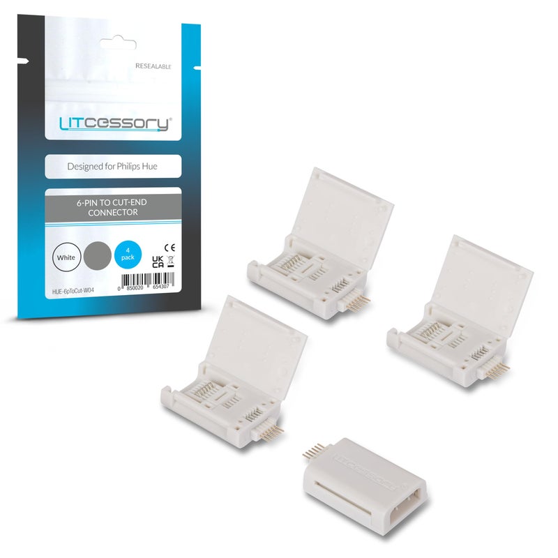 Litcessory 6-Pin to Cut-End Connector for Philips Hue Lightstrip Plus (4 Pack, White - MICRO 6-PIN V4) - Image 1