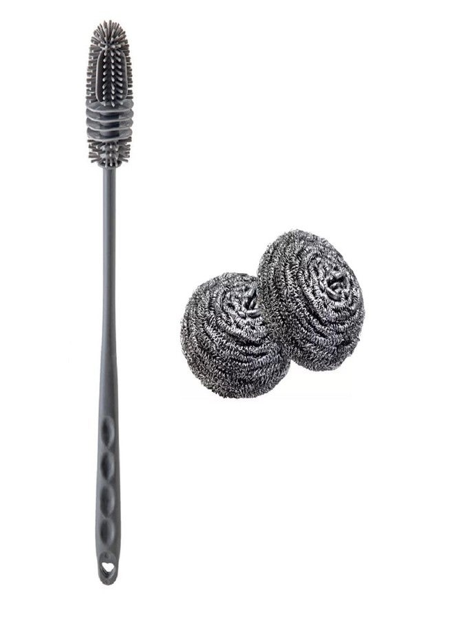 DOMUM Silicone Bottle Brush & 2pcs Steel Scrub for Cleaning Bottle, Glass & Utensils - Combo Pack. - Image 1