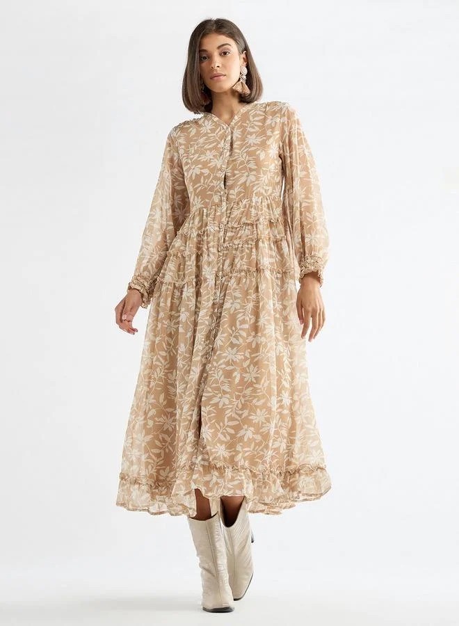 Splash FAV Floral Print Midi Shirt Dress with Long Sleeves