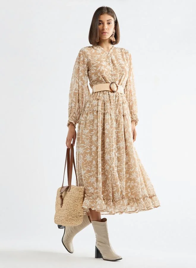 Splash FAV Floral Print Midi Shirt Dress with Long Sleeves