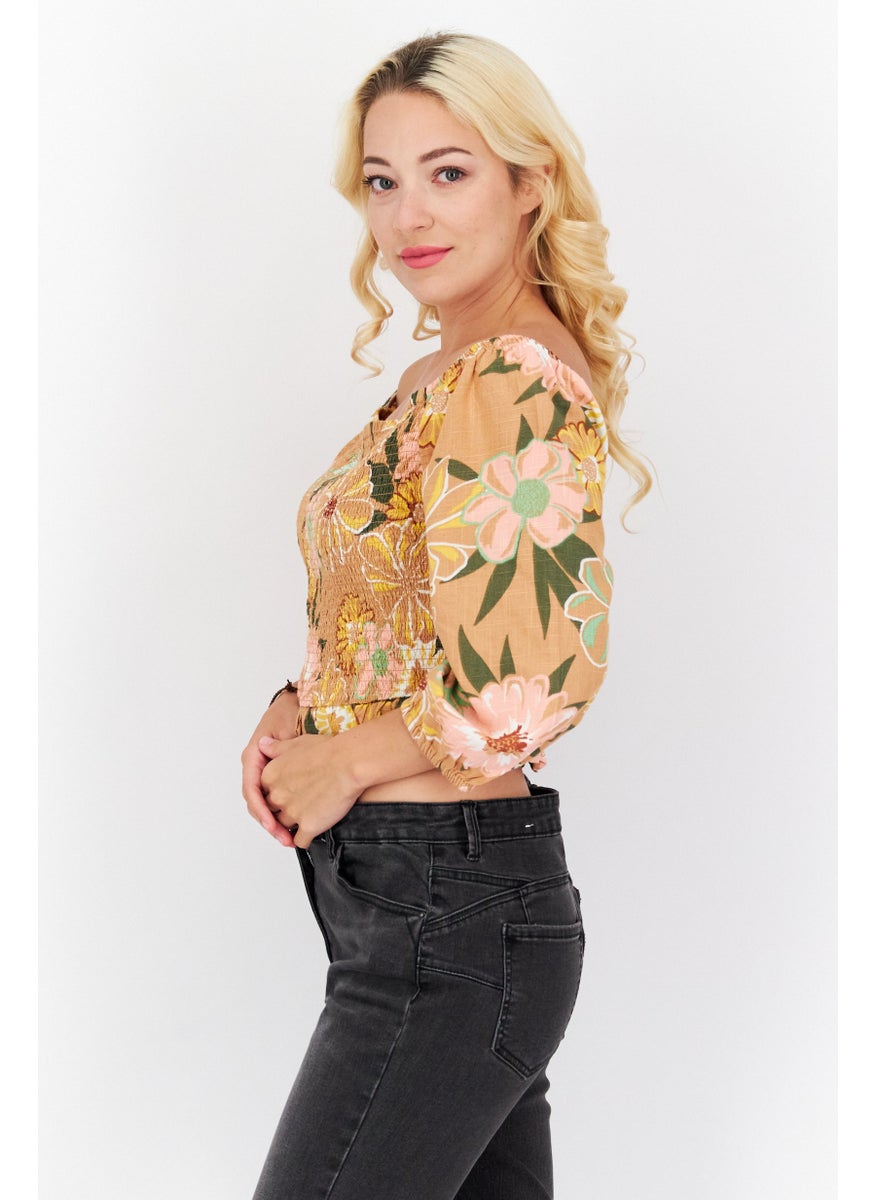 Roxy - Women Off Shoulder Floral Print Top, Brown Combo - Image 1