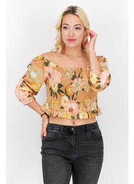 Women Off Shoulder Floral Print Top, Brown Combo
