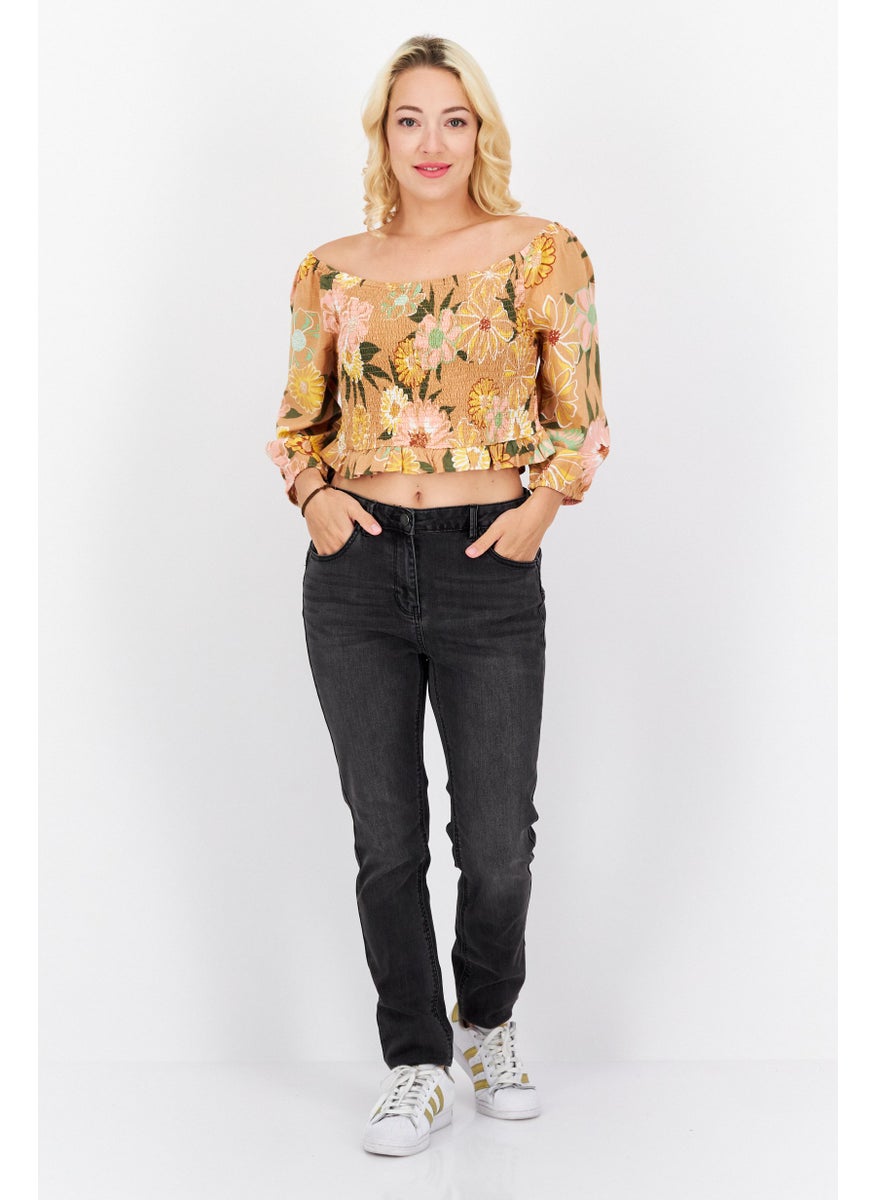 Roxy - Women Off Shoulder Floral Print Top, Brown Combo - Image 1
