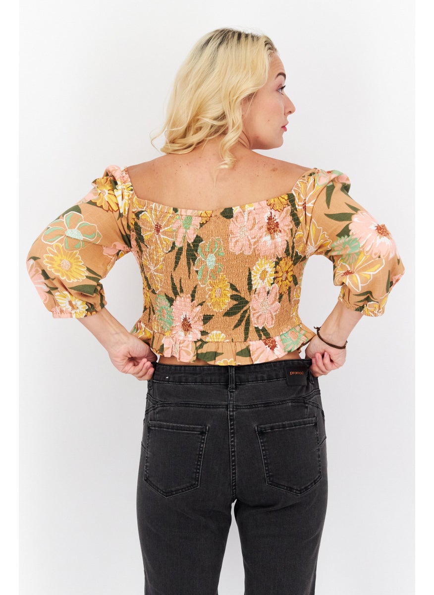 Roxy - Women Off Shoulder Floral Print Top, Brown Combo - Image 1