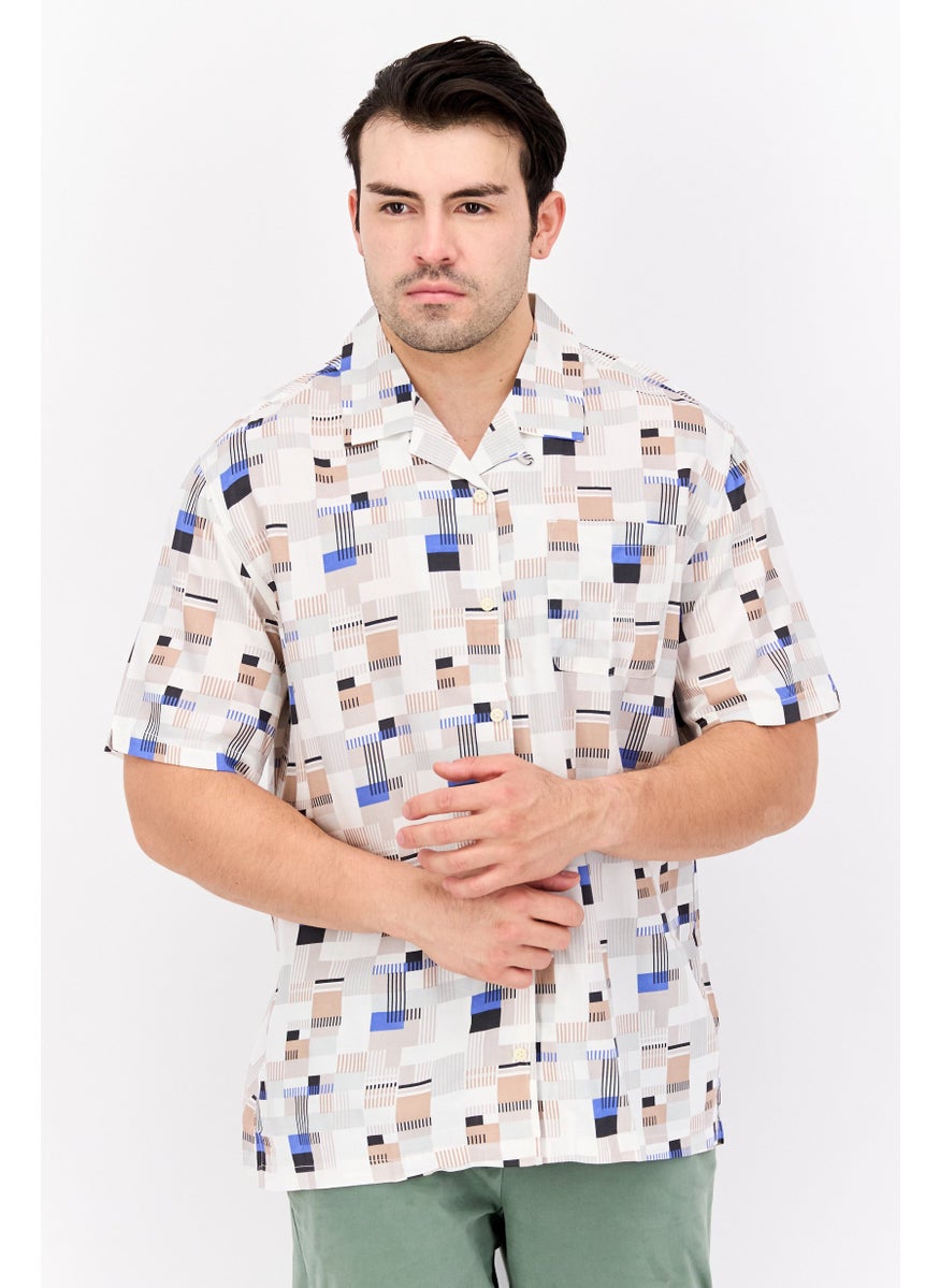 Jachs New York Men Regular Fit Short Sleeves Allover Print Casual Shirt, Beige Combo  - Image 1