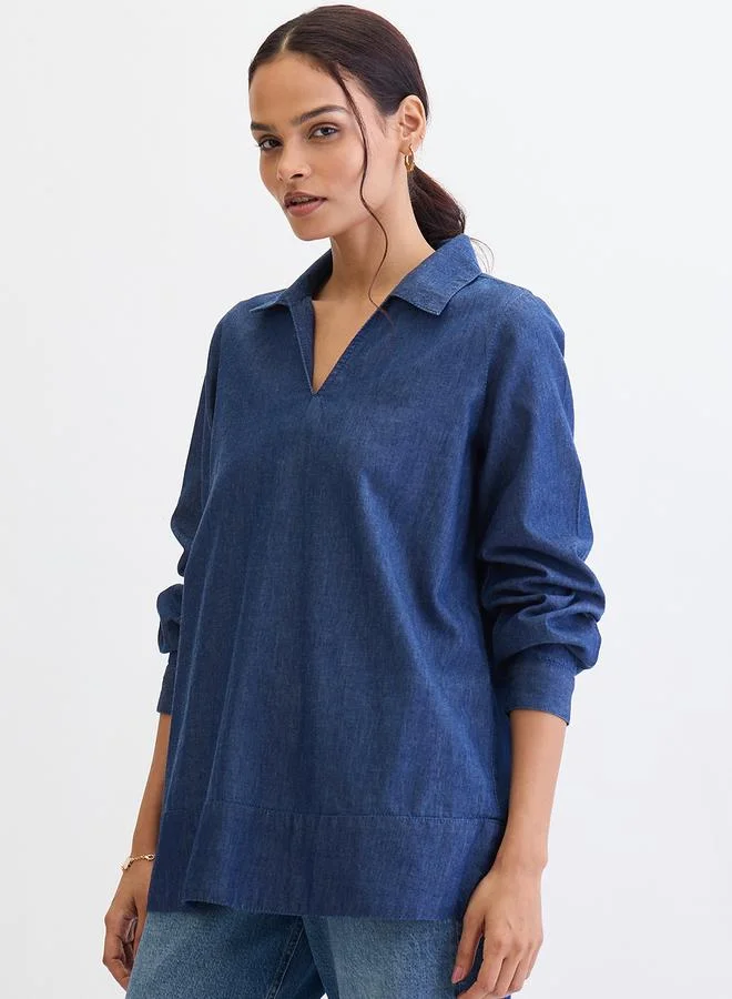 Femmella Navy Blue Cuffed Sleeves Denim Top
