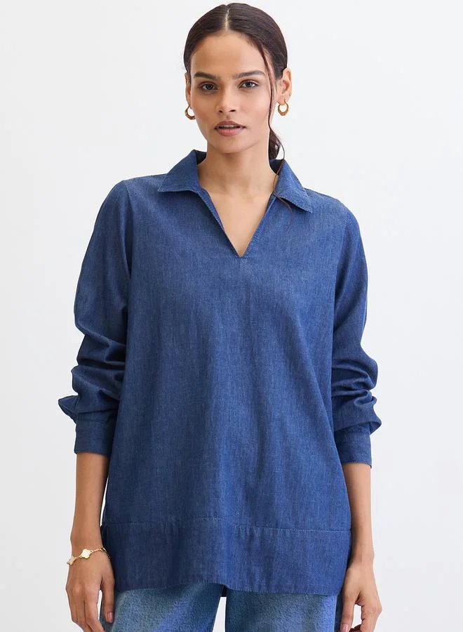 Femmella Navy Blue Cuffed Sleeves Denim Top