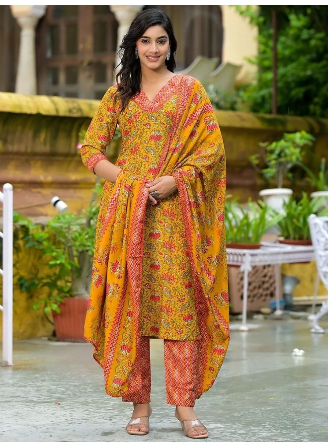 أيه كيه إس AKS Floral Printed Regular Pure Cotton Straight Kurta with Trousers & Dupatta