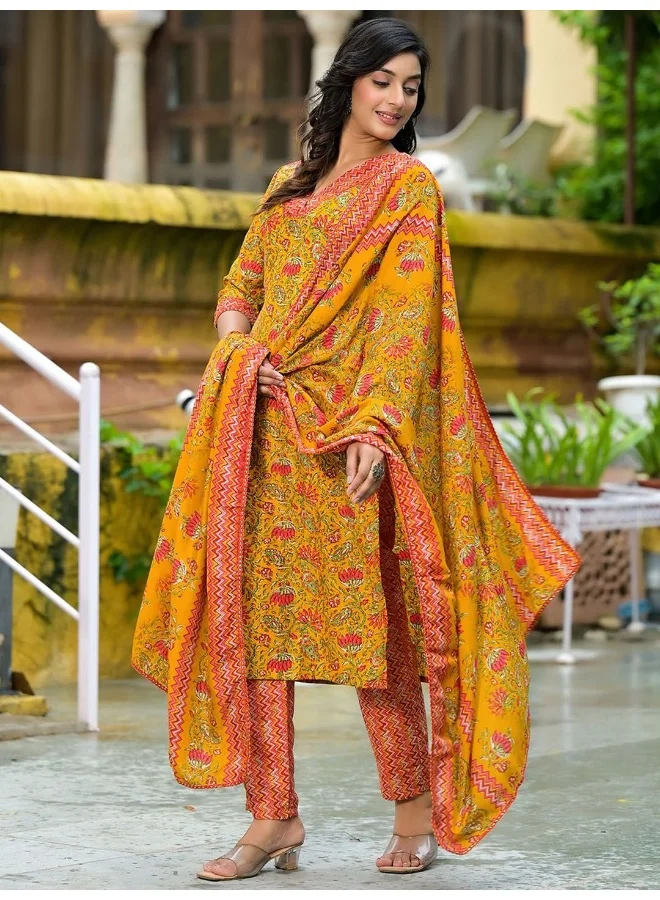 AKS AKS Floral Printed Regular Pure Cotton Straight Kurta with Trousers & Dupatta