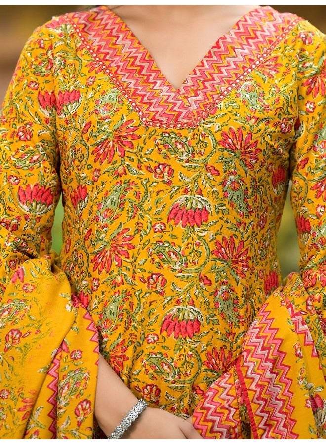 AKS Floral Printed Regular Pure Cotton Straight Kurta with Trousers & Dupatta - Image 2