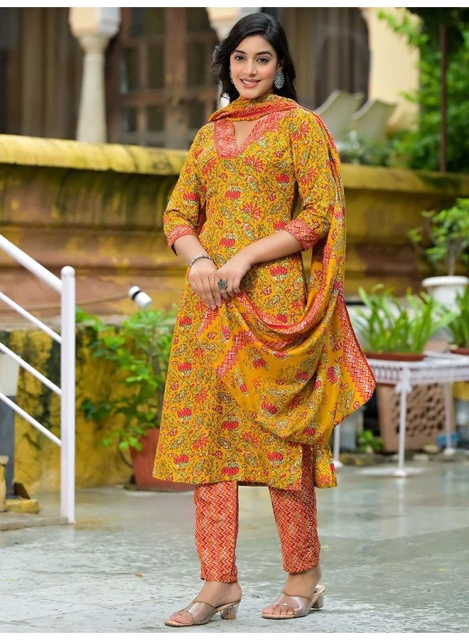 AKS AKS Floral Printed Regular Pure Cotton Straight Kurta with Trousers & Dupatta