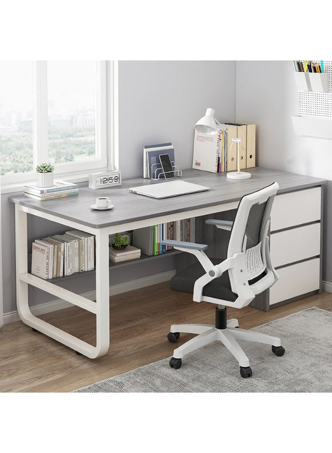 Office Desk, 100 * 50cm Metal Frame Wooden Table with 3 Drawers & 1 Bookshelf for Working Study Writing and Reading, Modern Computer Desk for Home Office and Bedroom（DBL100-grey) - Image 1