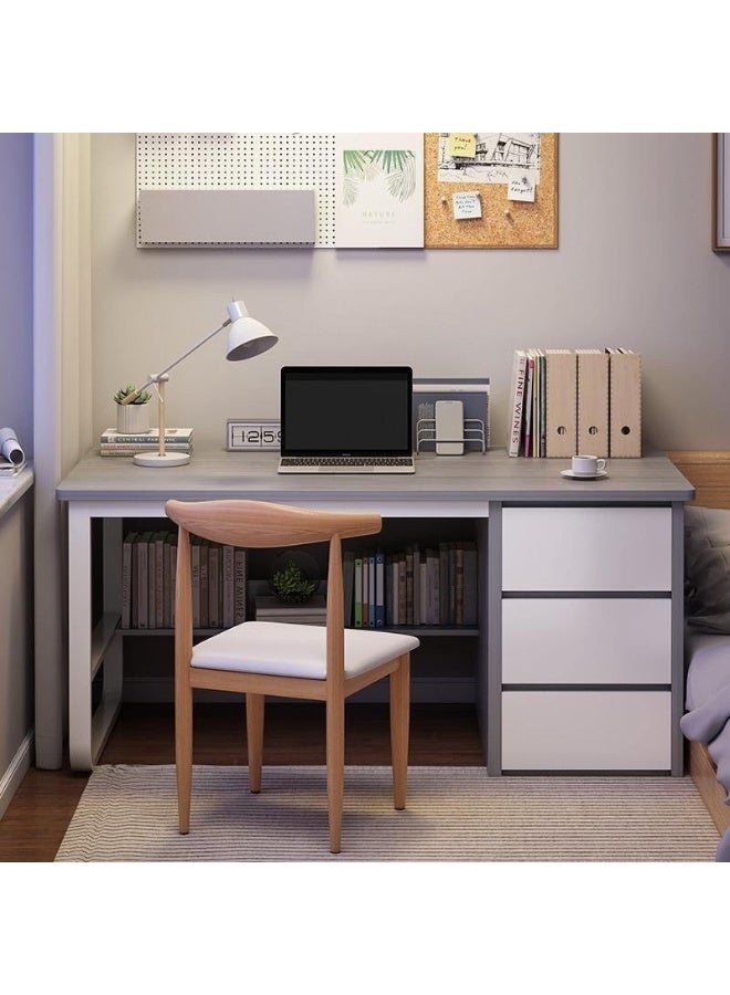 Office Desk, 100 * 50cm Metal Frame Wooden Table with 3 Drawers & 1 Bookshelf for Working Study Writing and Reading, Modern Computer Desk for Home Office and Bedroom（DBL100-grey) - Image 2
