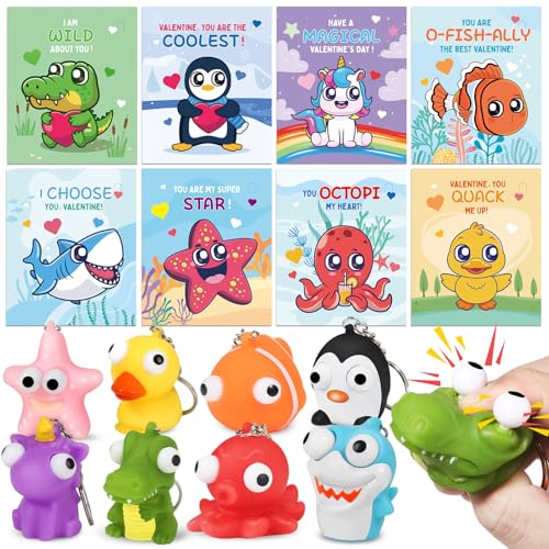 Letapapa 24 Pack Valentines Day Cards with Squeeze Animal Popping Eye Keychains Valentines Cards for Kids Fidget Toys for Classroom School Valentines Gifts Exchange Valentines Party Favor Prizes for Kids - Image 1