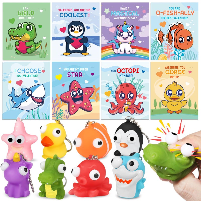 Letapapa 24 Pack Valentines Day Cards with Squeeze Animal Popping Eye Keychains Valentines Cards for Kids Fidget Toys for Classroom School Valentines Gifts Exchange Valentines Party Favor Prizes for Kids - Image 3