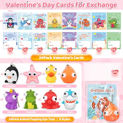 Letapapa 24 Pack Valentines Day Cards with Squeeze Animal Popping Eye Keychains Valentines Cards for Kids Fidget Toys for Classroom School Valentines Gifts Exchange Valentines Party Favor Prizes for Kids - Image 5