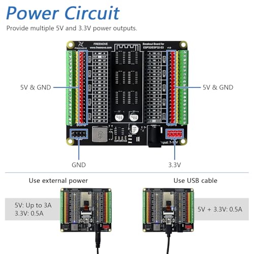 Freenove Breakout Board for ESP32 / ESP32-S3 WROVER WROOM, Terminal Block Shield HAT with Pin Header, 5V 3.3V Power Outputs, GPIO Status LED - Image 5