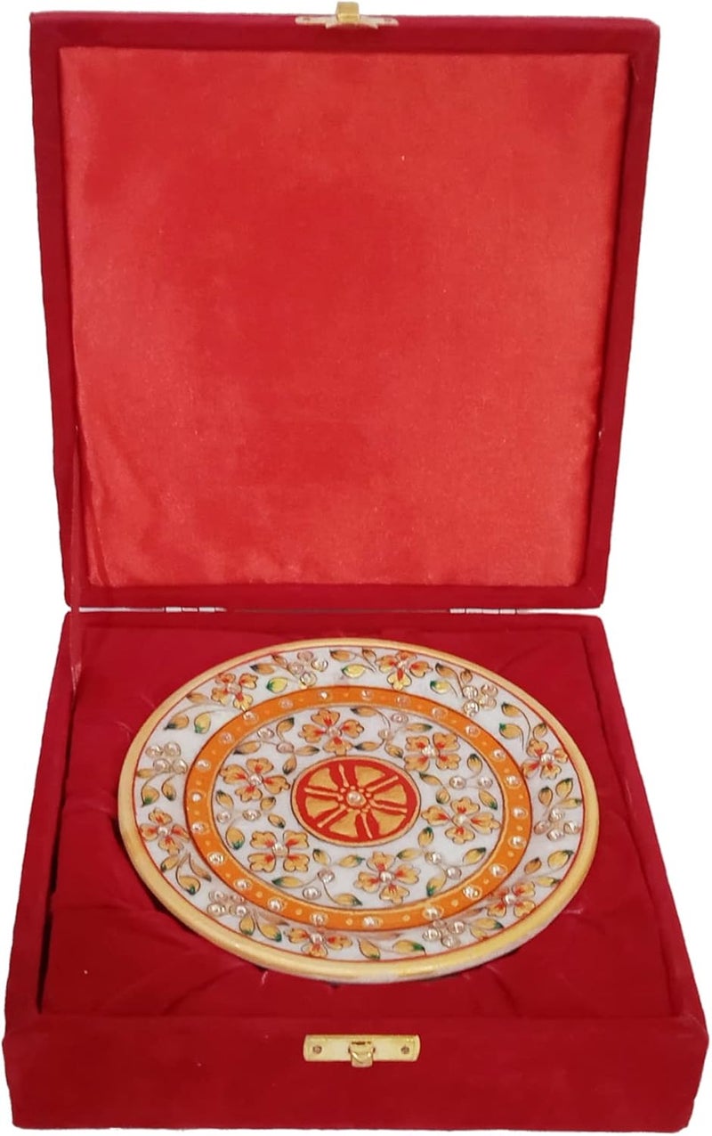 Purpledip Gift Hamper  Handpainted Marble plate with wooden stand in a classy Velvet box Indian Gift 10559 - Image 1