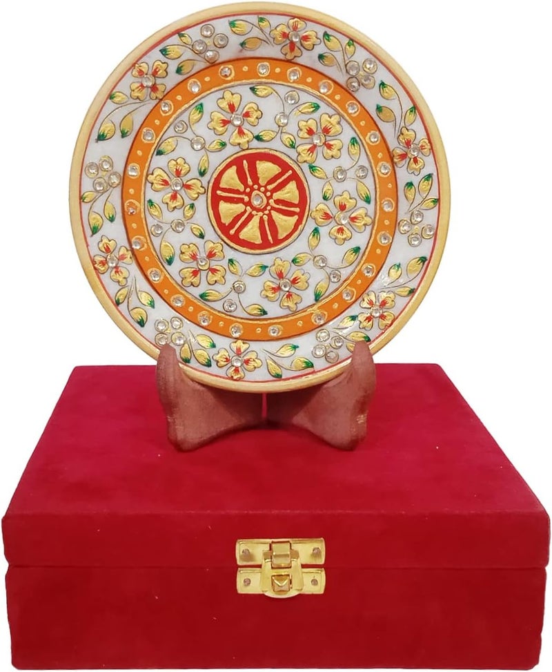 Purpledip Gift Hamper  Handpainted Marble plate with wooden stand in a classy Velvet box Indian Gift 10559 - Image 3