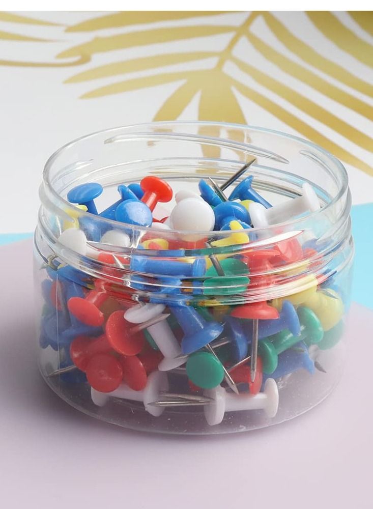 KASTWAVE دبابيس دفع، 100 قطعة بألوان متنوعة دبابيس إبهام، دبابيس رسم دبابيس خريطة برأس بلاستيكي ملون دبوس فولاذي للوحة الإعلانات، علامات القماش والحرف اليدوية وتنظيم المكتب، لوح الفلين 5 ألوان - Image 1