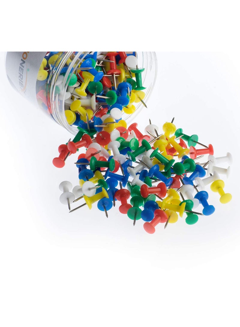 KASTWAVE دبابيس دفع، 100 قطعة بألوان متنوعة دبابيس إبهام، دبابيس رسم دبابيس خريطة برأس بلاستيكي ملون دبوس فولاذي للوحة الإعلانات، علامات القماش والحرف اليدوية وتنظيم المكتب، لوح الفلين 5 ألوان - Image 3