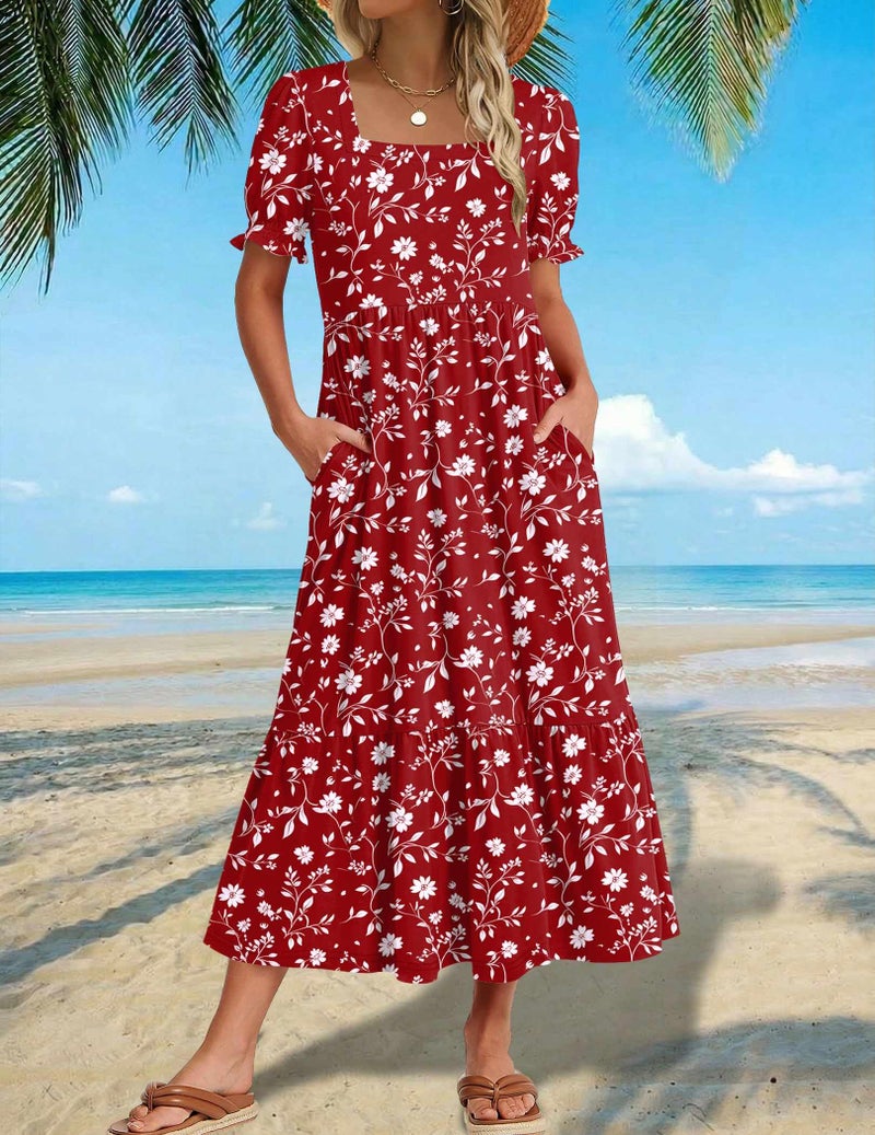 Zeagoo Spring Dresses with Sleeve Womens Floral Sundresses Short Sleeve Aline Dress Square Neck Flowy Swing Dress Women Hawaiian Dresses L - Image 2