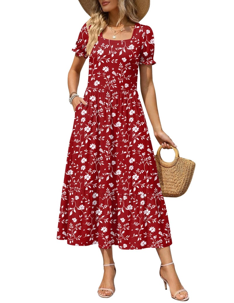 Zeagoo Spring Dresses with Sleeve Womens Floral Sundresses Short Sleeve Aline Dress Square Neck Flowy Swing Dress Women Hawaiian Dresses L - Image 1