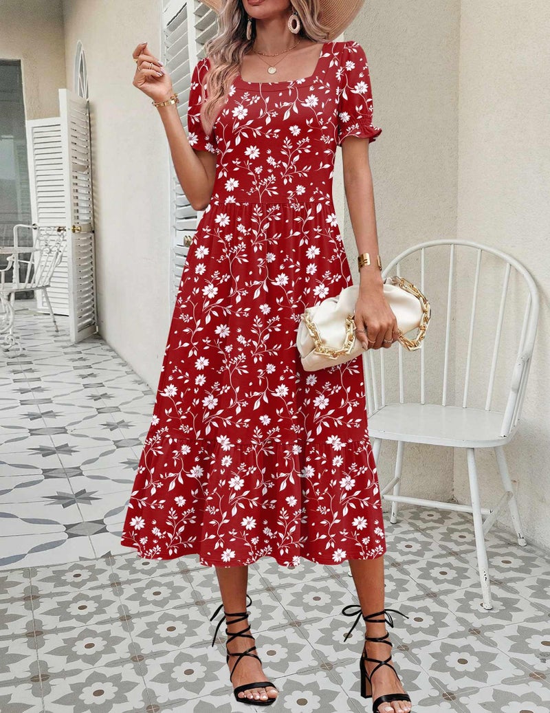 Zeagoo Spring Dresses with Sleeve Womens Floral Sundresses Short Sleeve Aline Dress Square Neck Flowy Swing Dress Women Hawaiian Dresses L - Image 5